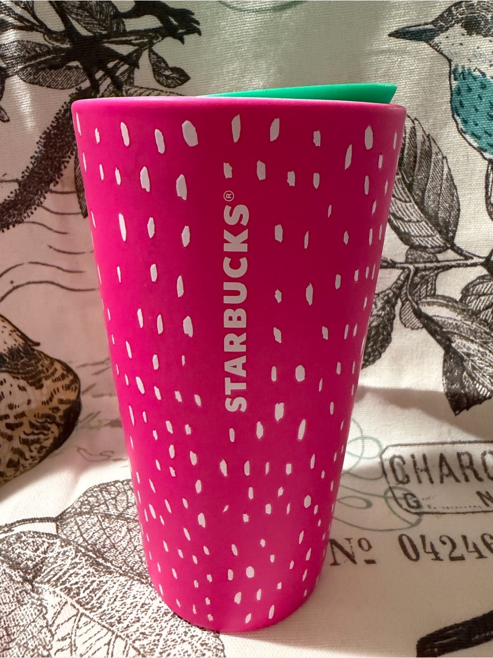 Starbucks Hot Pink Tumbler with White Dot Design and Teal Rim